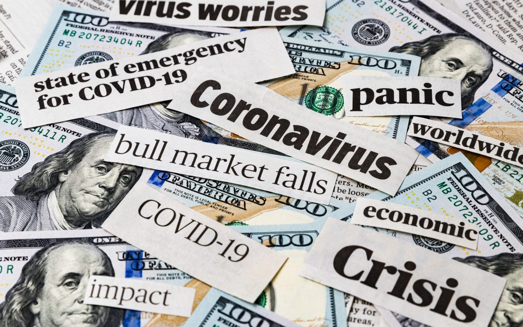 Coronavirus, covid-19 news headlines on United States of America 100 dollar bills. Concept of financial impact, stock market decline and crash due to worldwide pandemic